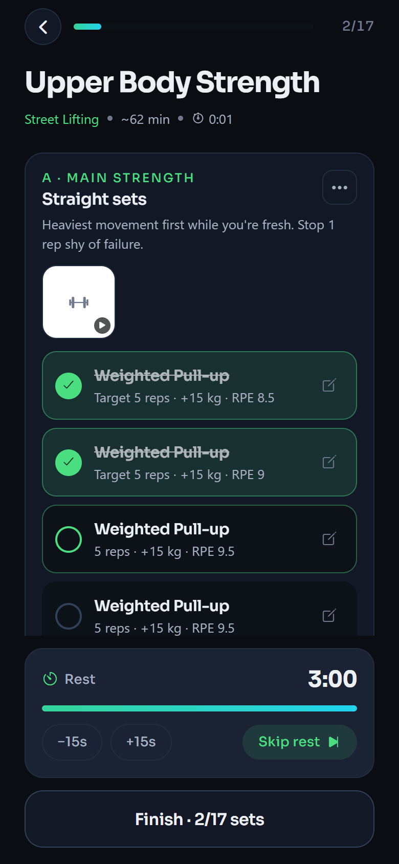 Aipal workout player mid-session: sets ticked off, rest timer running